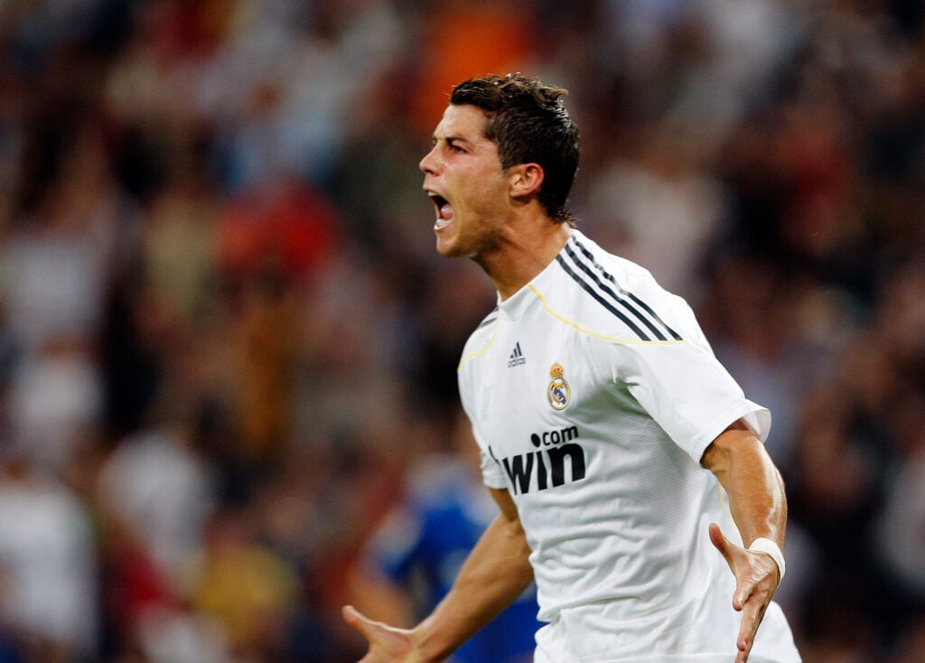 Cristiano Ronaldo of Real Madrid celebrates after scoring during the La Liga match between Real Madrid and Xerez CD at Estadio Santiago Bernabeu.