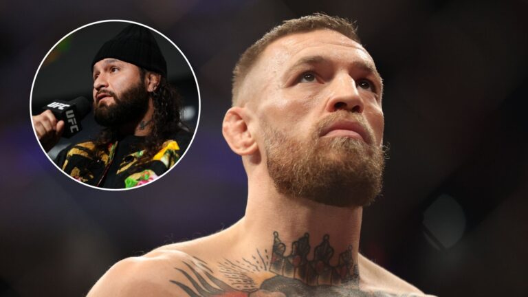 Conor McGregor before his lightweigh fight with Dustin Poirier during the UFC 264 event at T-Mobile Arena in Las Vegas, Nevada, USA. Inset, Jorge M...