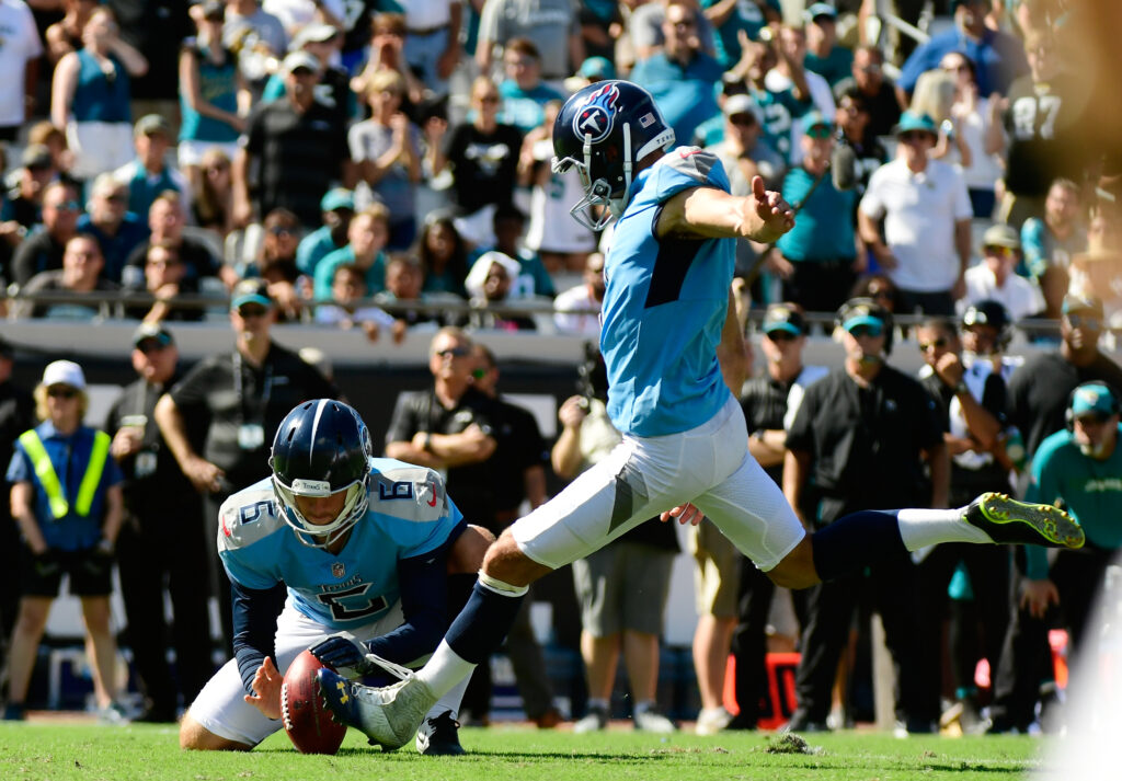 Ryan Succop #4 of the Tennessee Titans kicks a 28 yard field goal in the fourth quarter during their game against the Jacksonville Jaguars at TIAA Bank Field on September 23, 2018