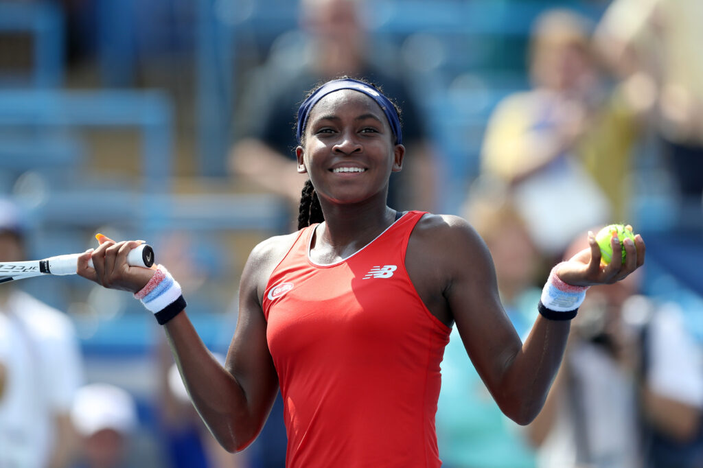 Coco Gauff shrugs her shoulders