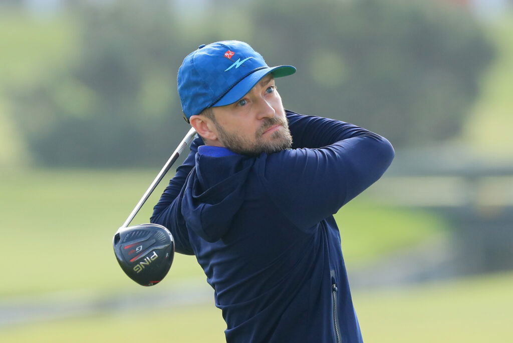 Justin Timberlake the American musician plays a shot during a practice round on the Old Course at St Andrews as a preview for the Alfred Dunhill Links Championship on September 24, 2019