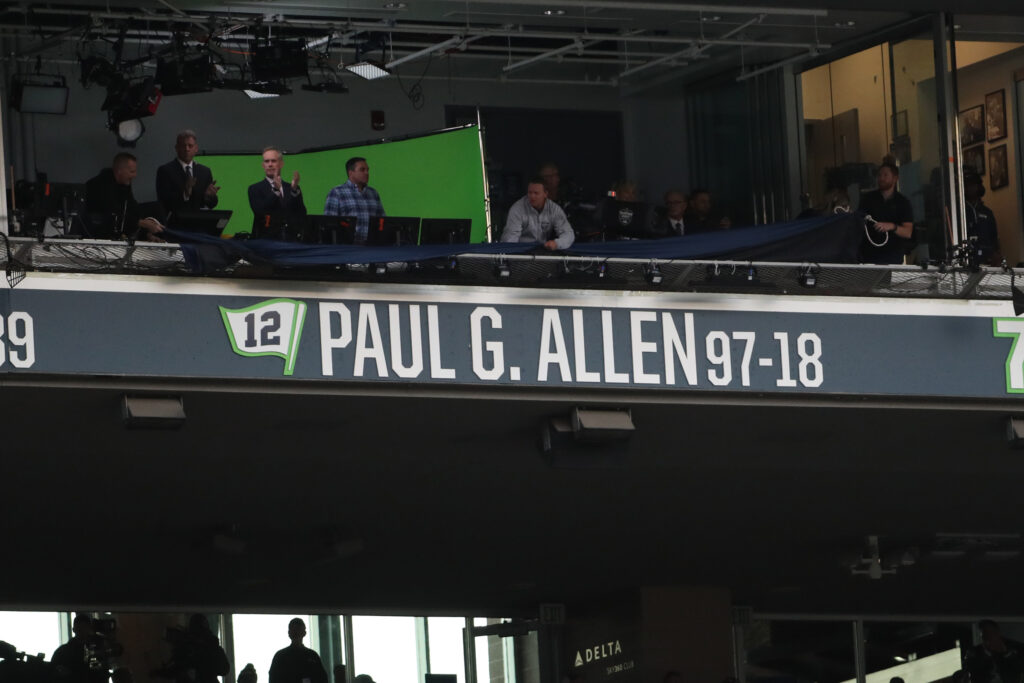 Former Seattle Seahawks owner Paul Allen's name is inducted into Century Link Field's ring of honor prior to their game at CenturyLink Field.