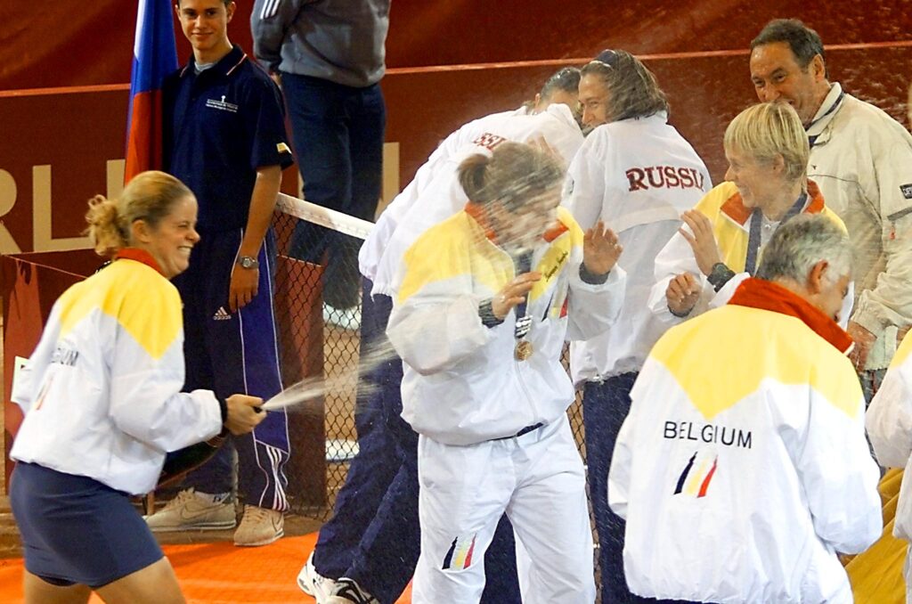 Team Belgium celebrate after winning the Billie Jean King Cup in 2001