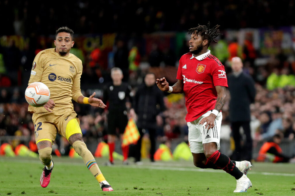 Raphinha of FC Barcelona, Fred of Manchester United during the UEFA Europa League.