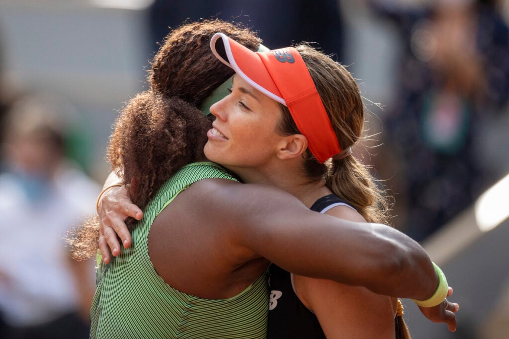 Serena Williams hugs Danielle Collins after beating her at the 2021 French Open.
