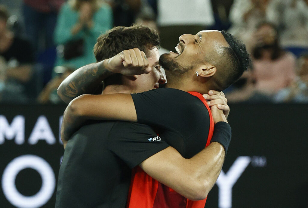 Nick Kyrgios and Thanasi Kokkinakis celebrate after winning the 2022 Australian Open