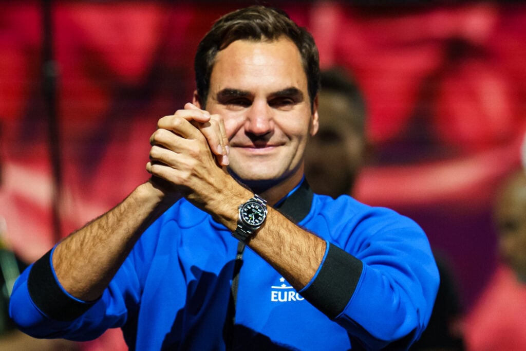 Roger Federer of Switzerland waves goodbye to the fans after his final match and the beginning of his retirement at the Laver Cup at The O2 Arena on September 23, 2022 in London, England.