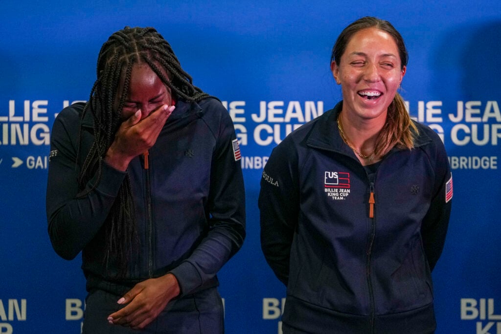 Jessica Pegula and Coco Gauff laughing together at the 2023 Billie Jean King Cup