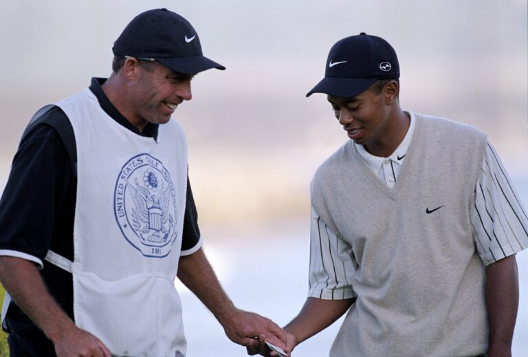 17 Jun 2000: Tiger Woods with caddie Steve Williams during the 100th US Open at the Pebble Beach Golf Links in Pebble Beach, California.Mandatory C...