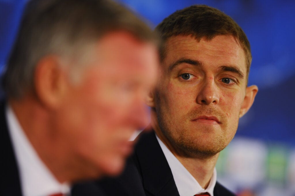 Darren Fletcher (R) and Sir Alex Ferguson of Manchester United speak to the media ahead of their Champions League Group H match against Galatasaray.