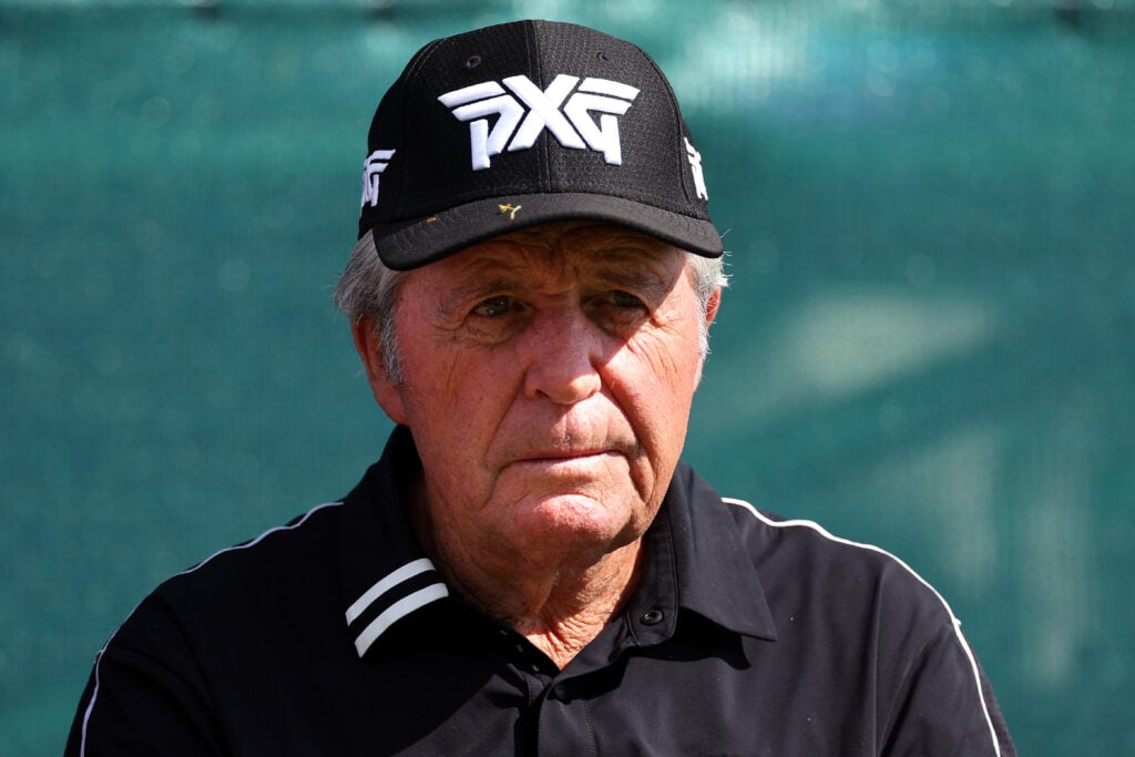 Gary Player is seen on the first tee during Day Four of the Nedbank Golf Challenge in 2023.