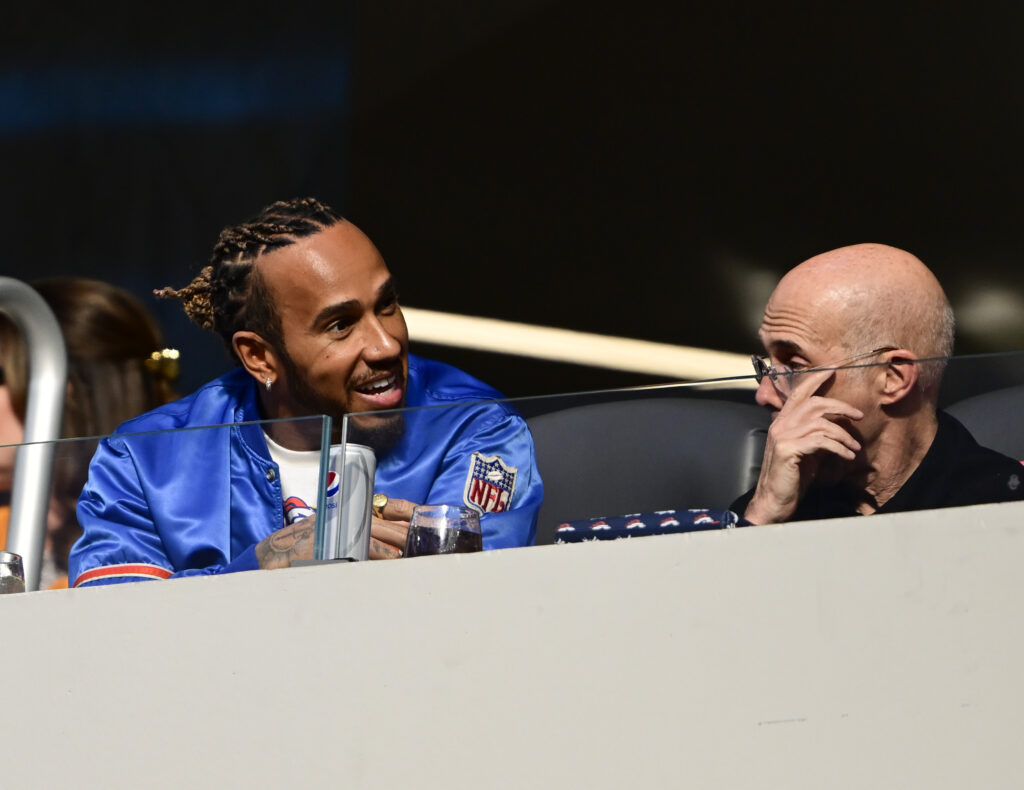 F1 star Lewis Hamilton in attendance at the Denver Broncos vs Los Angeles Chargers NFL match in 2023
