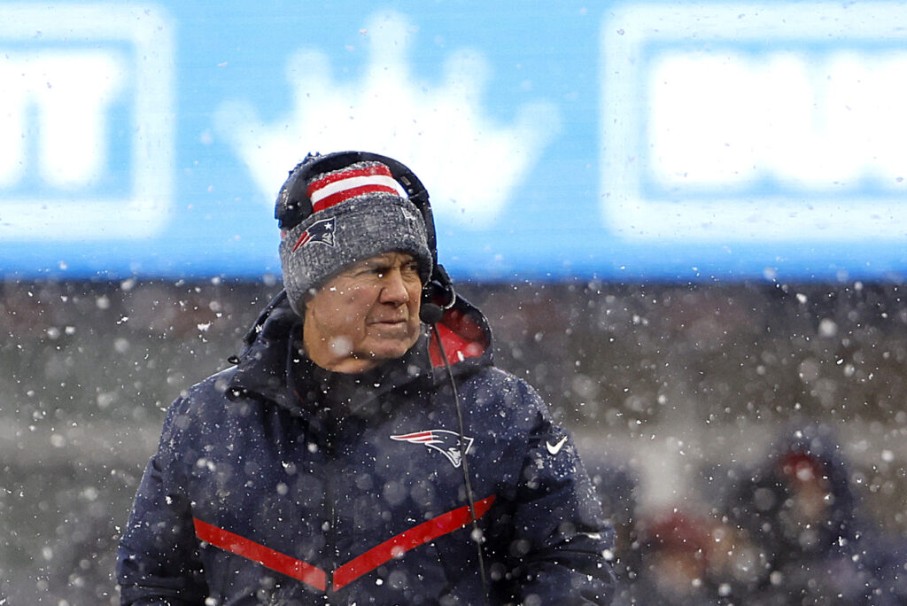 New England Patriots head coach Bill Belichick looks on in the first half at Gillette Stadium on January 07, 2024 in Foxborough, Massachusetts.