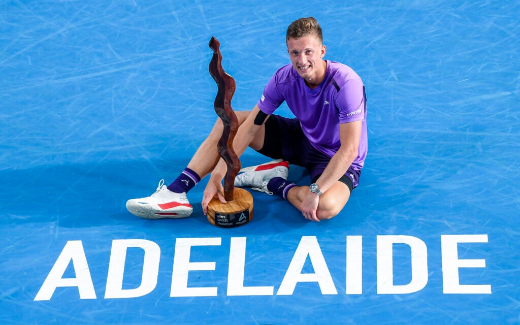 Jiri Lehecka celebrates with the trophy after winning the 2024 Adelaide International