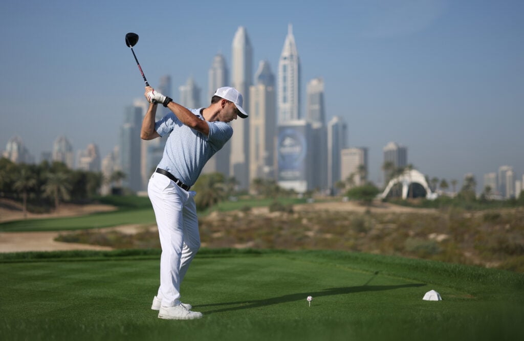 Alpine F1 driver Pierre Gasly of France hits a shot off the 8th tee in a pro-am prior to the Hero Dubai Desert Classic at Emirates Golf Club on January 16, 2024