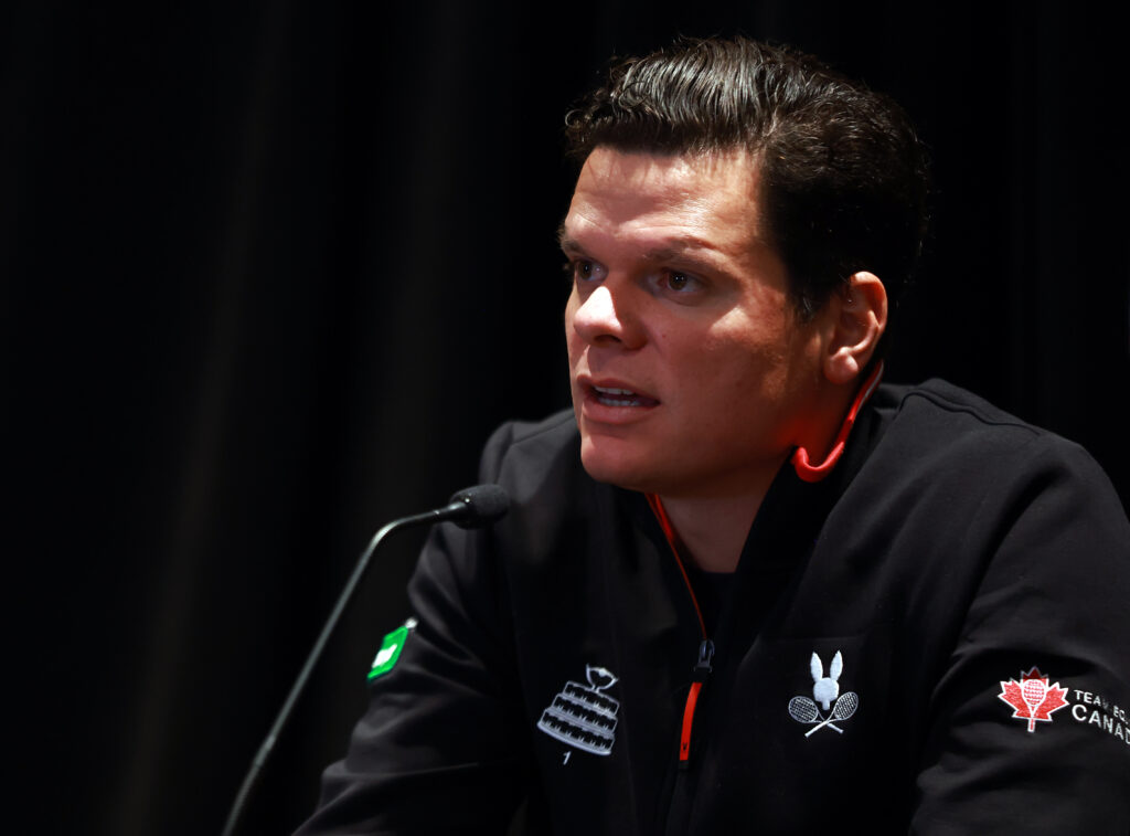 Milos Raonic speaks to the media ahead of Canada's Davis Cup tie against Korea Republic in 2024.