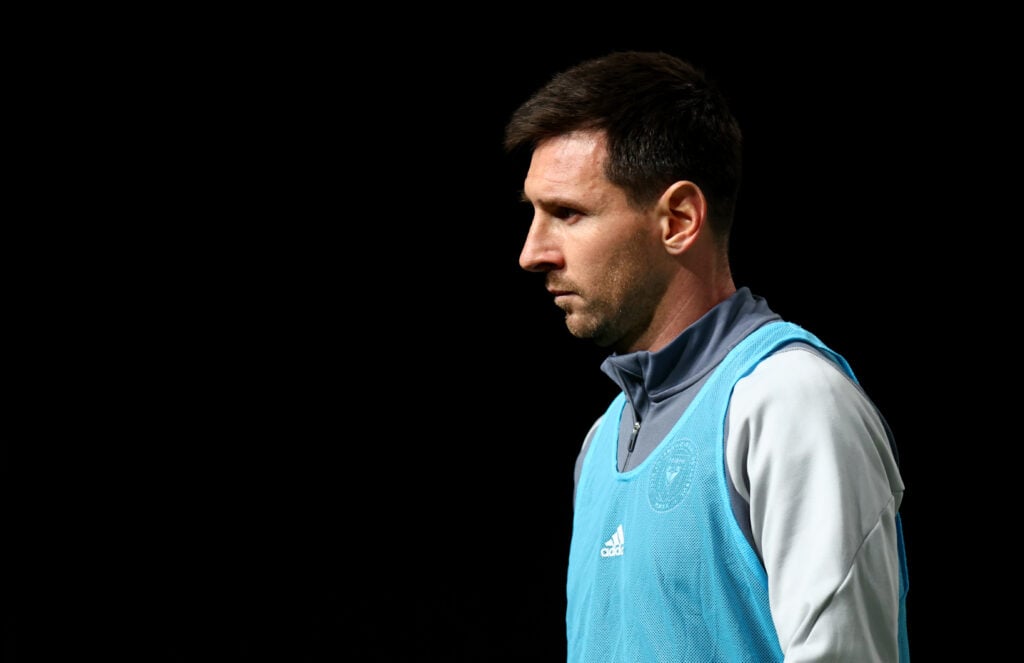 Lionel Messi of Inter Miami looks on during the Riyadh Season Cup match between Al-Nassr and Inter Miami at Kingdom Arena.