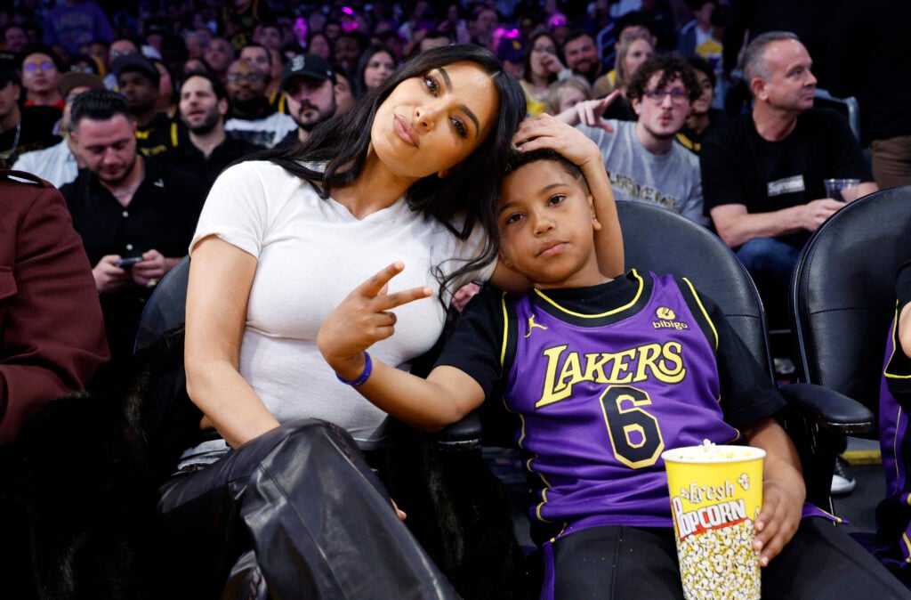 Kim Kardashian and Saint West attend a basketball game between the Los Angeles Lakers and Golden State Warriors at Crypto.com Arena.