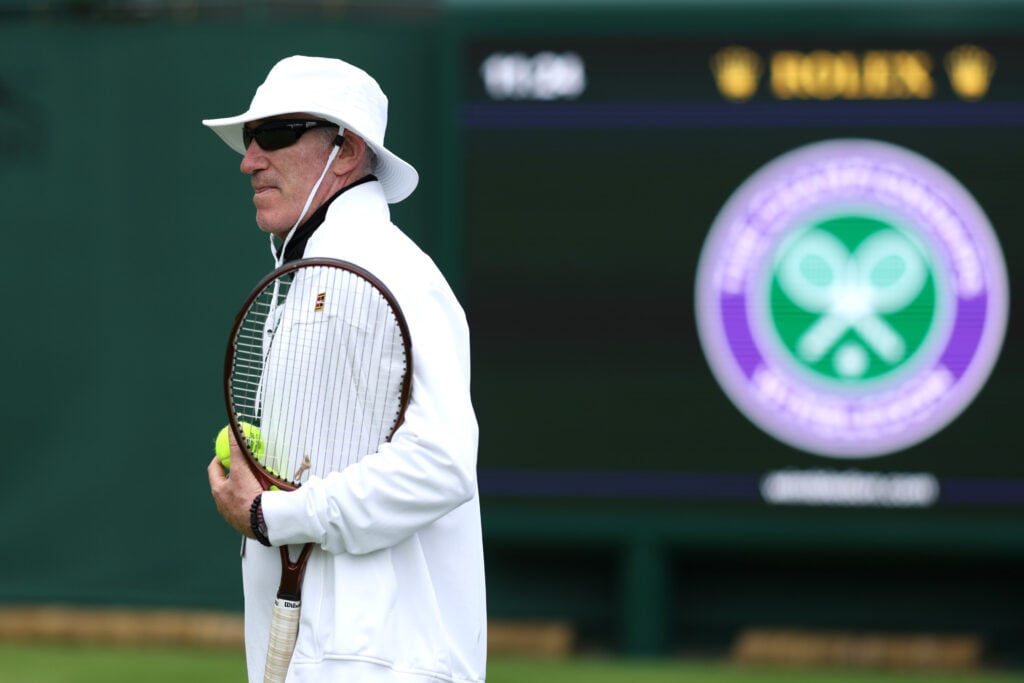Brad Gilbert, Coach of Coco Gauff of United States looks on during practice prior to The Championships Wimbledon 2024 at All England Lawn Tennis and Croquet Club.