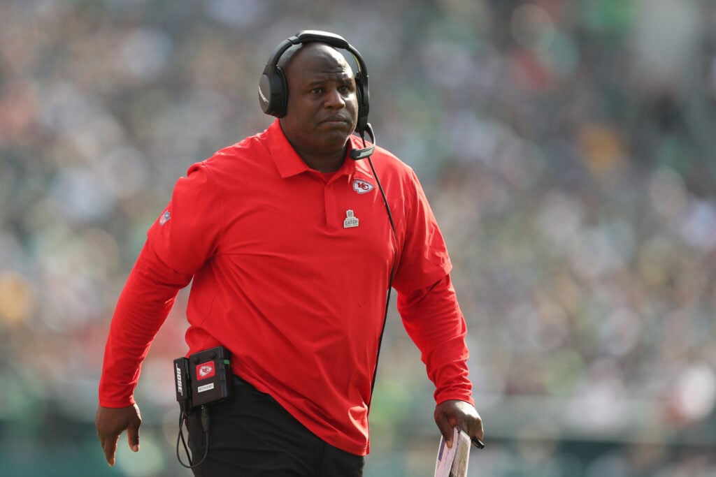 Kansas City Chiefs offensive coordinator Eric Bieniemy stands on the sideline during an NFL football game against the Philadelphia Eagles at Lincoln Financial Field.
