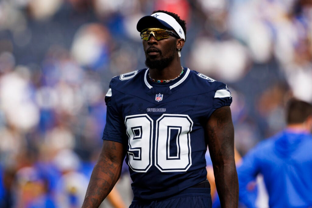 DeMarcus Lawrence #90 of the Dallas Cowboys walks off the field during a preseason game against the Los Angeles Rams at SoFi Stadium.