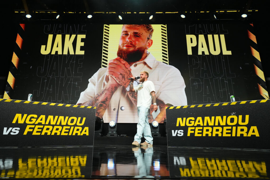 Jake Paul looks on during the Battle of the Giants Press Conference at The Anthem on August 22, 2024 in Washington, DC.