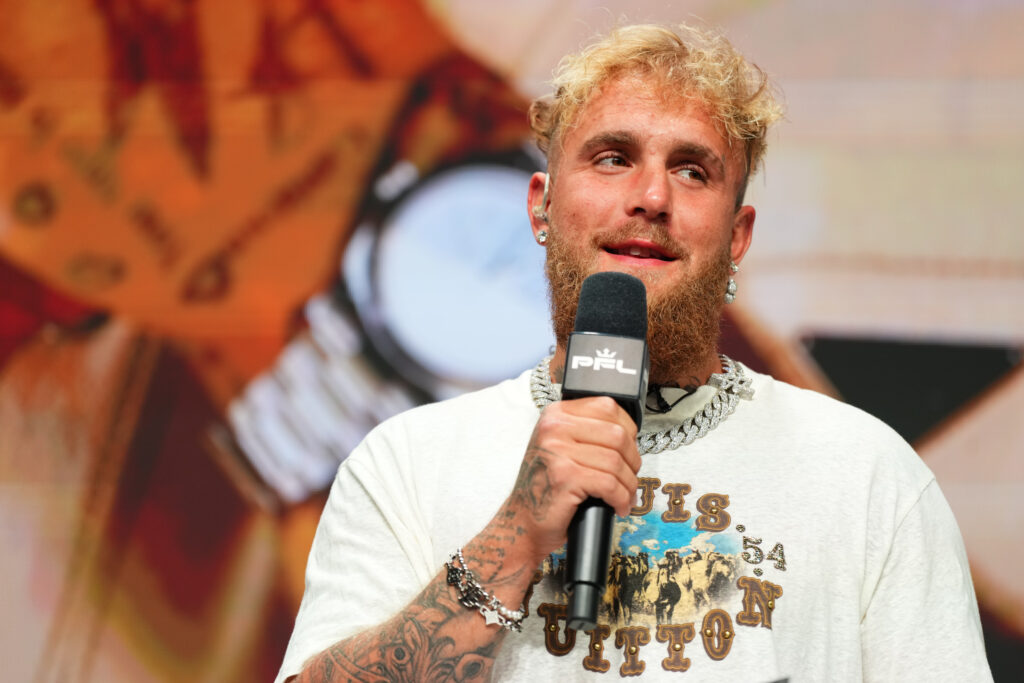 Jake Paul looks on during the Battle of the Giants Press Conference at The Anthem on August 22, 2024.