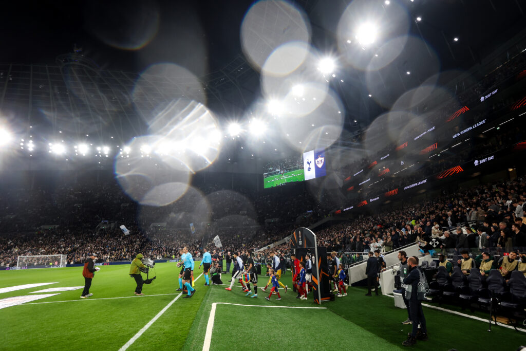 A general view as both team walks out at Tottenham Hotspur Stadium during the UEFA Europa League 2024/25 League Phase MD1 match between Tottenham Hotspur and Qarabag FK at Tottenham Hotspur Stadium.