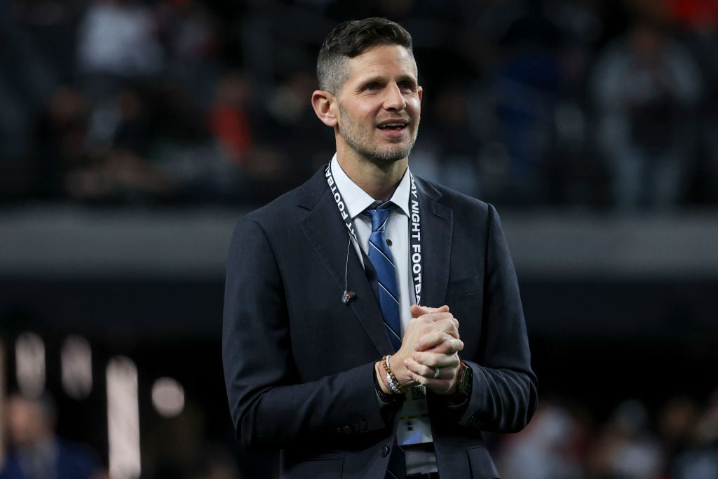 ESPN commentator Dan Orlovsky looks on prior to a game between the Las Vegas Raiders and the Atlanta Falcons at Allegiant Stadium on December 16, 2024.