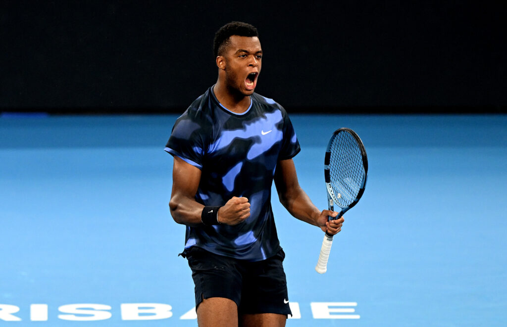 Giovanni Mpetshi Perricard celebrates his win over Nick Kyrgios at the 2025 Brisbane International