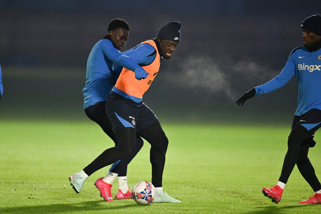 Tyrique George, Axel Disasi and Nicolas Jackson of Chelsea during a training session at Chelsea Training Ground on January 10, 2025 in Cobham, England.
