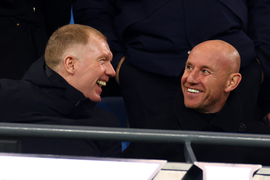 Salford City part-owners Paul Scholes (L) and Nicky Butt look on during the Emirates FA Cup Third Round match between Manchester City and Salford City at Etihad Stadium on January 11, 2025.