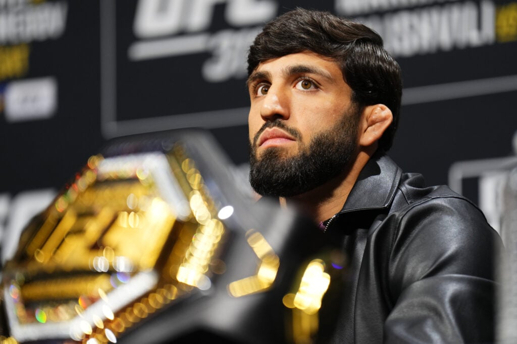 Arman Tsarukyan of Georgia is seen on stage during the UFC 311 press conference at Intuit Dome on January 16, 2025 in Inglewood, California.