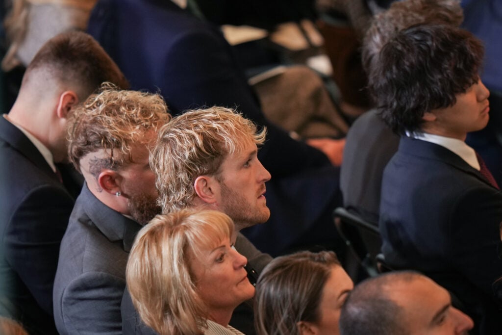 Jake Paul and Logan Paul are seen in the VIP viewing area in Emancipation Hall for the Inauguration of Donald J. Trump on January 20, 2025 in Washington, DC.