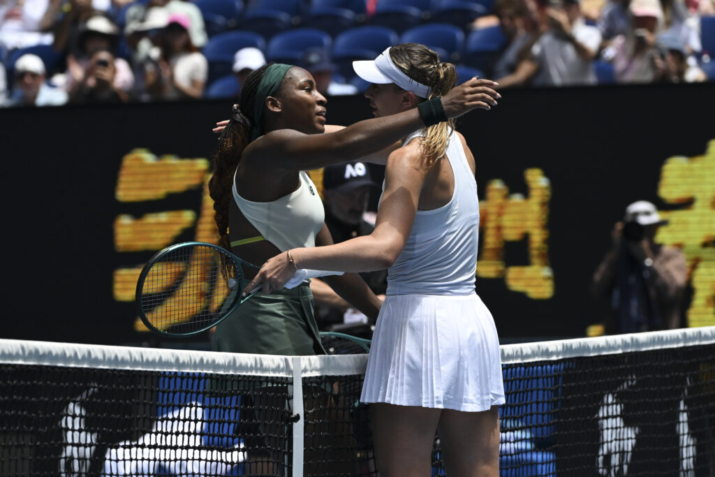 Coco Gauff and Paula Badosa embrace at the 2025 Australian Open