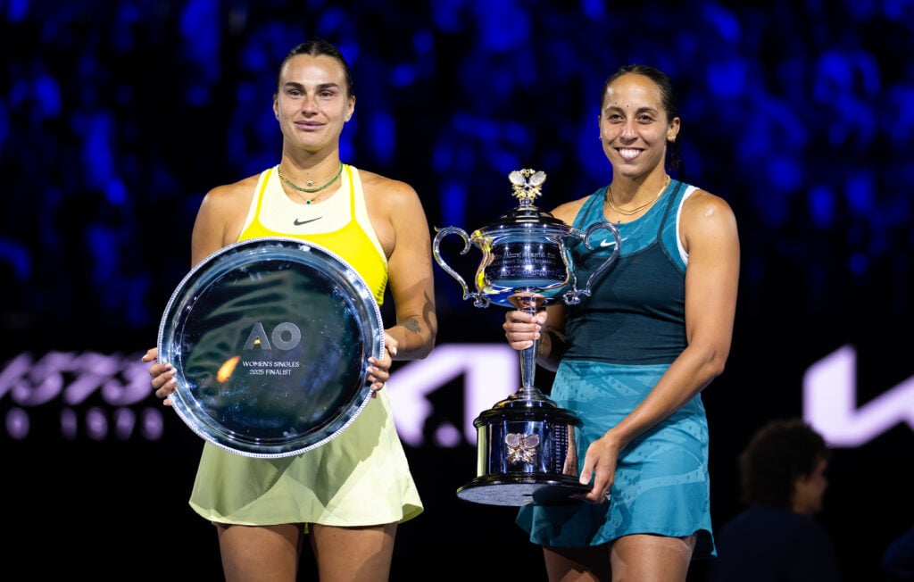 Runner-up Aryna Sabalenka and champion Madison Keys pose with their trophies after the 2026 Australian Open.