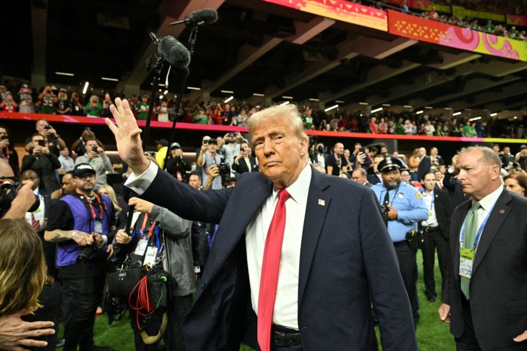 US President Donald Trump visits the field before the start of Super Bowl LIX between the Kansas City Chiefs and the Philadelphia Eagles at Caesars Superdome.