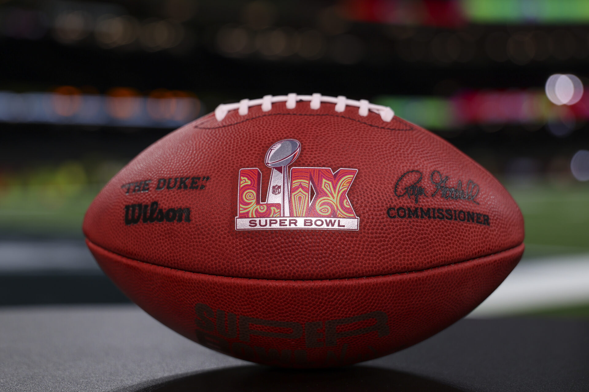 NEW ORLEANS, LOUISIANA - FEBRUARY 09: A detailed view of the Super Bowl LIX logo on a football seen prior to Super Bowl LIX between the Kansas City...