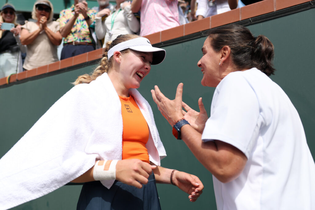 Mirra Andreeva and Conchita Martinez celebrate after winning Indian Wells in 2025