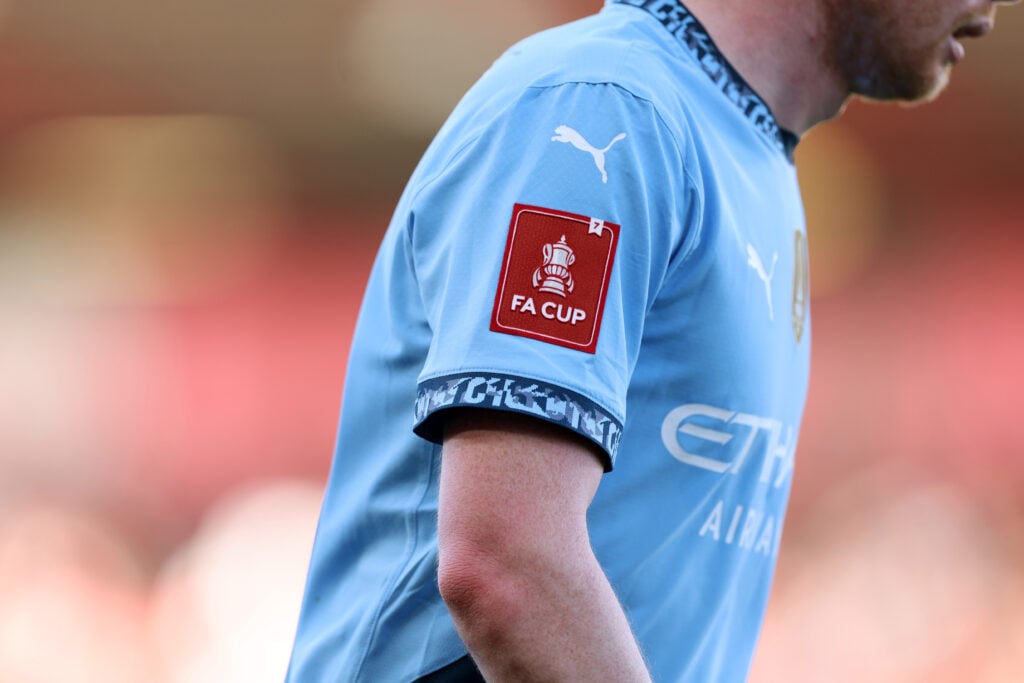 Detailed view of the FA Cup sleeve patch during the Emirates FA Cup Quarter Final match between AFC Bournemouth and Manchester City at Vitality Stadium.