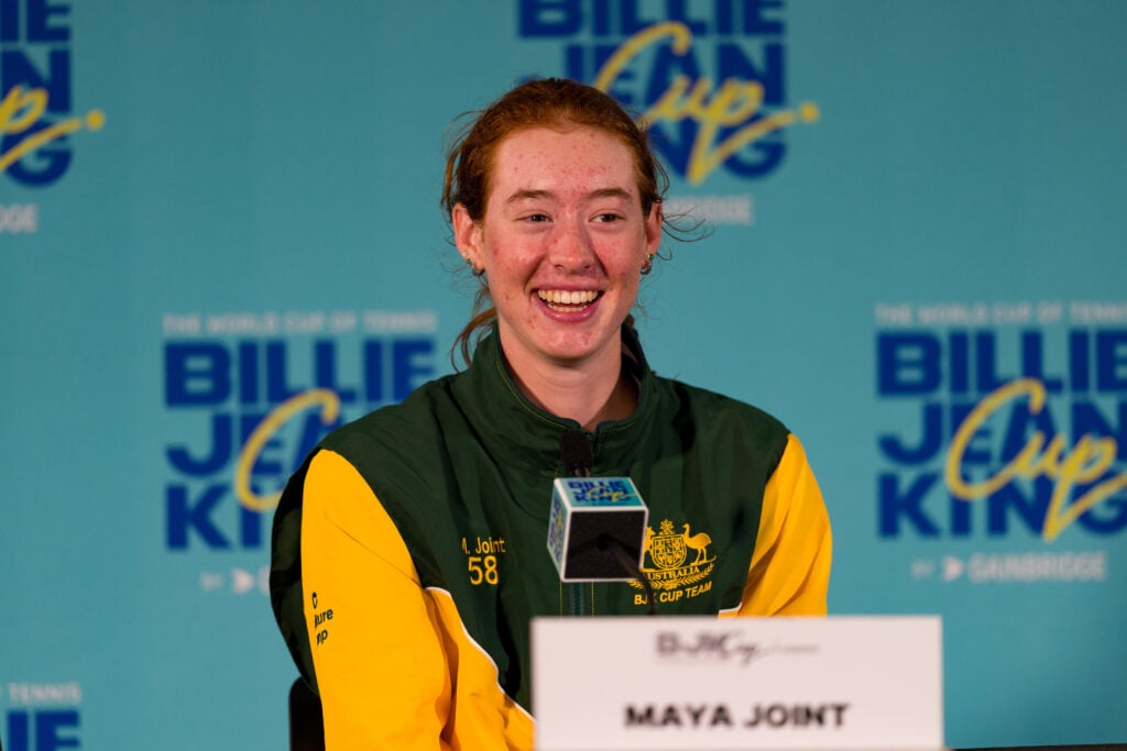 Maya Joint speaks to the media at Australia's Billie Jean King Cup Qualifier tie.
