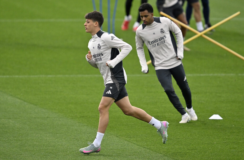 Arda Guler and Rodrygo of Real Madrid take part in a training session held ahead of their UEFA Champions League Quarter-Final second leg game against Arsenal.