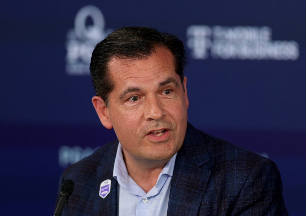 Derek Sprague, CEO of PGA America, speaks to the media prior to the PGA Championship