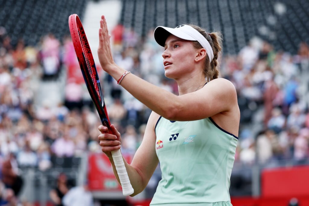 Elena Rybakina of Kazakhstan acknowledges the crowd following victory over Heather Watson of Great Britain during the Women's Singles Second Round match on Day Four of the 2025 HSBC Championships at The Queen's Club on June 12, 2025 in London, England.