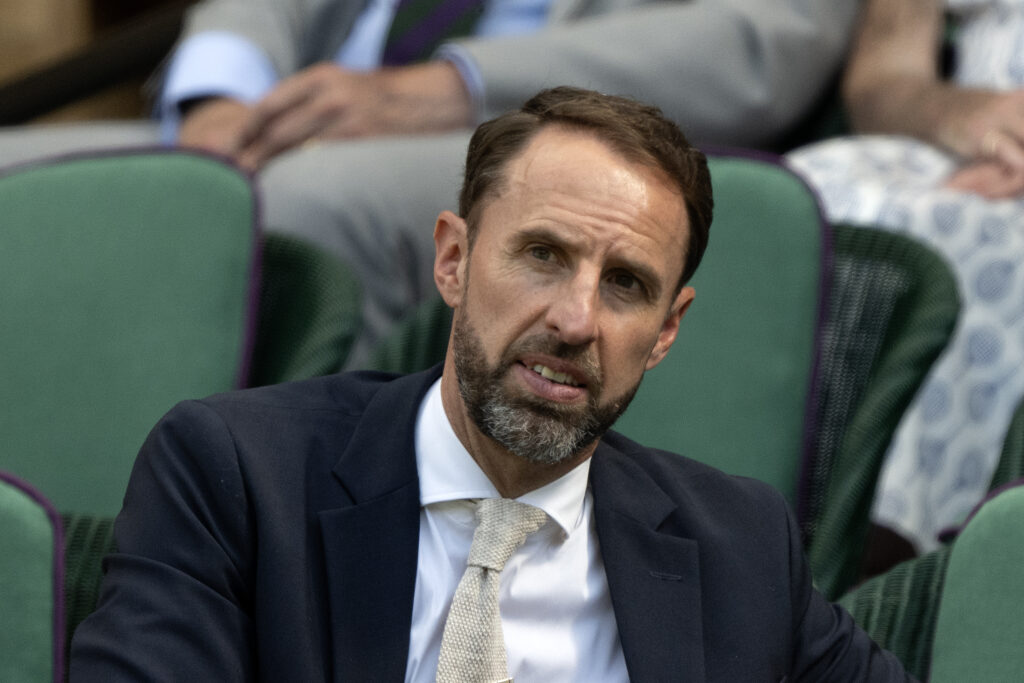 Former England international football team manager Sir Gareth Southgate watches on during the Gentlemen's Singles first round match between Fabio Fognini of Italy and Carlos Alcaraz of Spain on day one of The Championships Wimbledon 2025 at All England Lawn Tennis and Croquet Club.