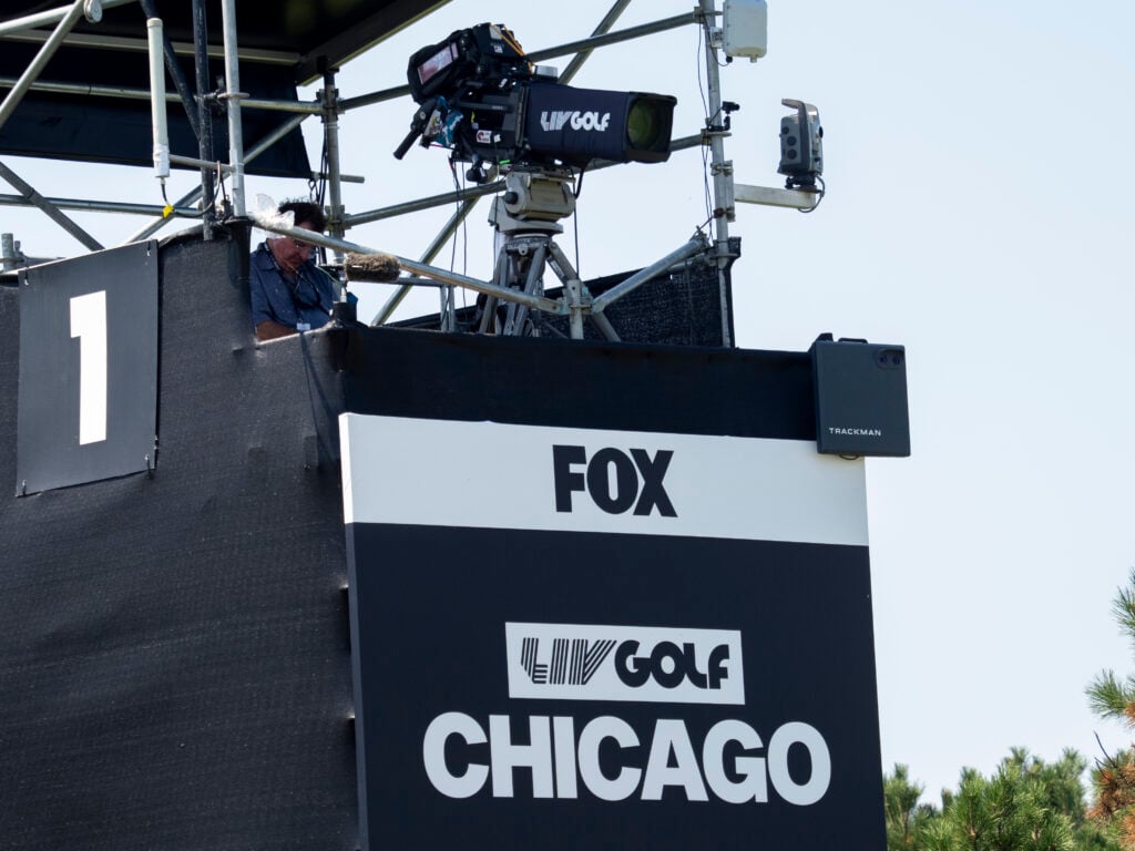 The LIV GOLF logo is placed on a FOX broadcast camera during day two of LIV Golf Chicago.
