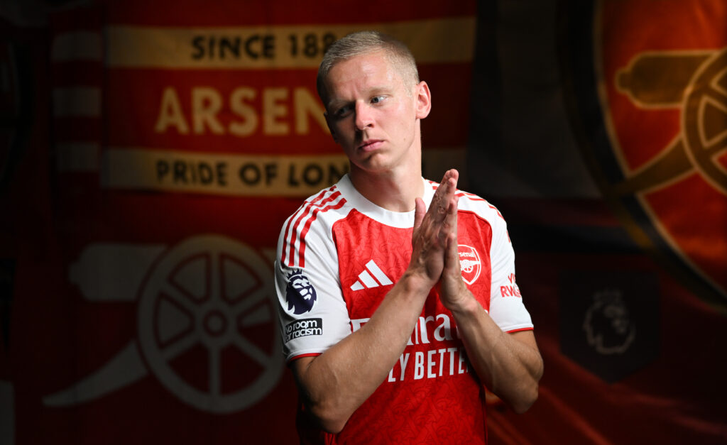 Oleksandr Zinchenko of Arsenal during the Arsenal Premier League Headshots 25/26 at London Colney on August 12, 2025 in St Albans, England.