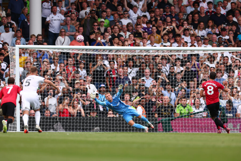 Bruno Fernandes of Manchester Utd penalty goes over the cross bar during the Premier League match between Fulham and Manchester United.