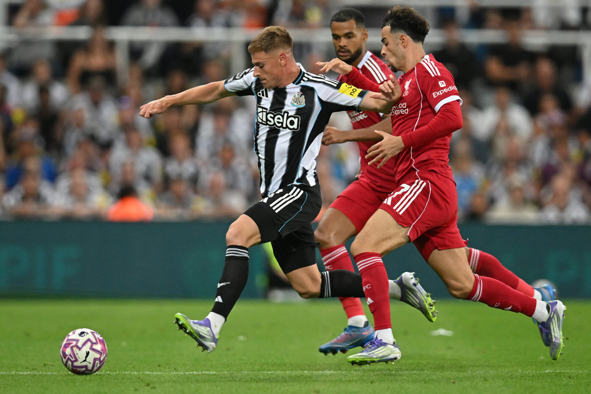 English midfielder #11 Harvey Barnes (L) vies with Liverpool's English midfielder #17 Curtis Jones (R) during the English Premier League football match between Newcastle United and Liverpool at St James' Park in Newcastle-upon-Tyne.