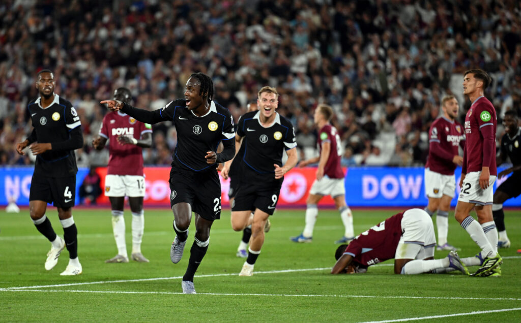 Trevoh Chalobah of Chelsea celebrates scoring his team's fifth goal during the Premier League match between West Ham United and Chelsea at London Stadium on August 22, 2025 in London, England.